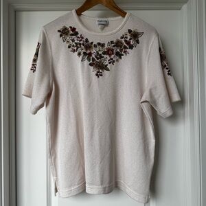 Vintage Floral Embroidered Sweater Top Cream Cottagecore Anthropologie style L